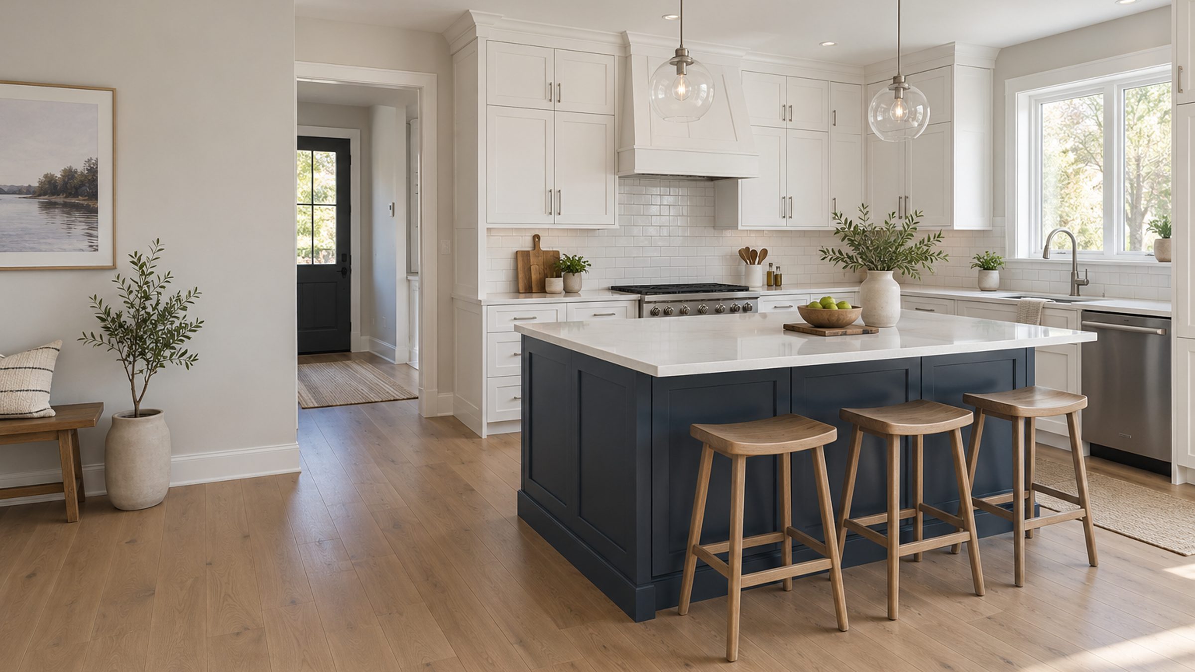 White shaker kitchen with a navy island, quartz counters and three wooden stools beside a sunlit sink window