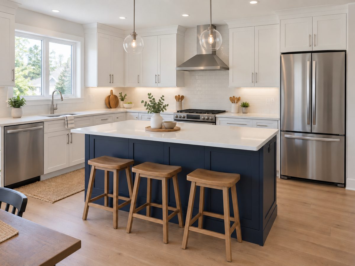 L-shaped white shaker kitchen with a navy island, white quartz counters and a stainless French-door fridge