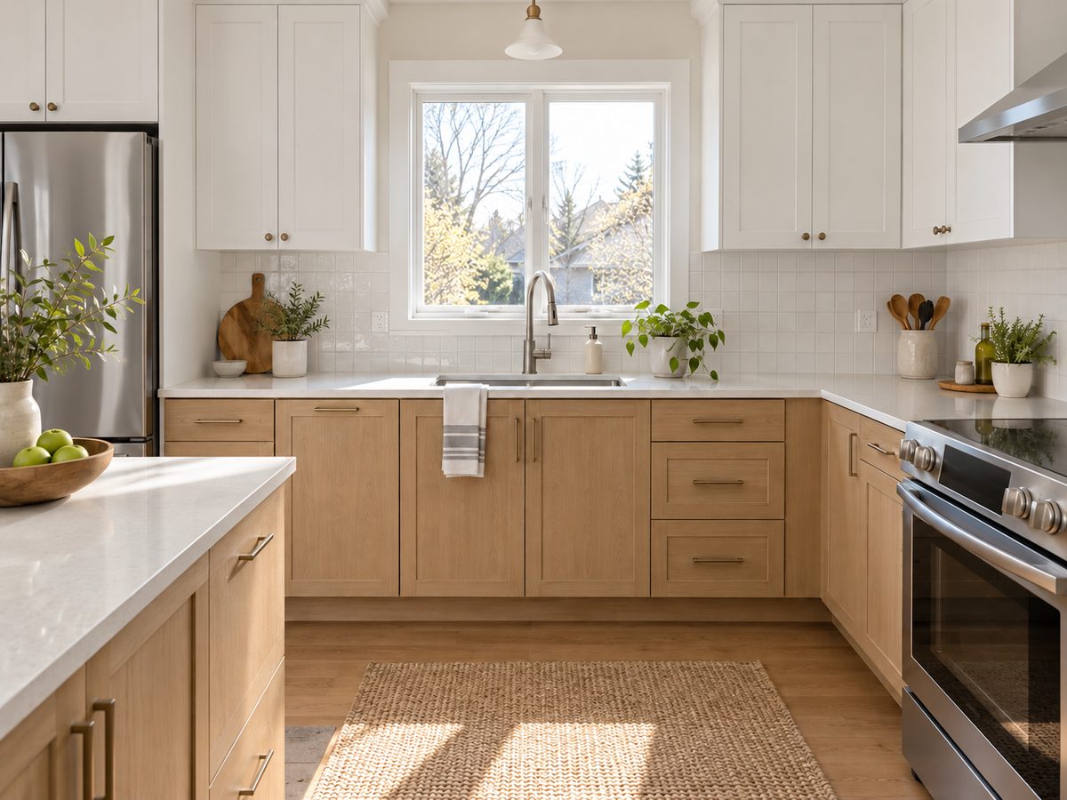 Natural white oak lower cabinets and white upper cabinets surrounding a sink beneath a window
