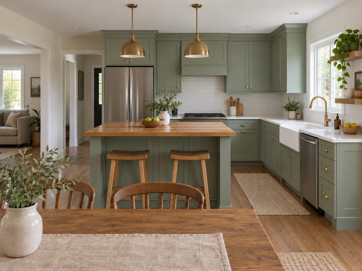 Sage green shaker kitchen with a butcher-block island, white quartz counters and an apron-front sink