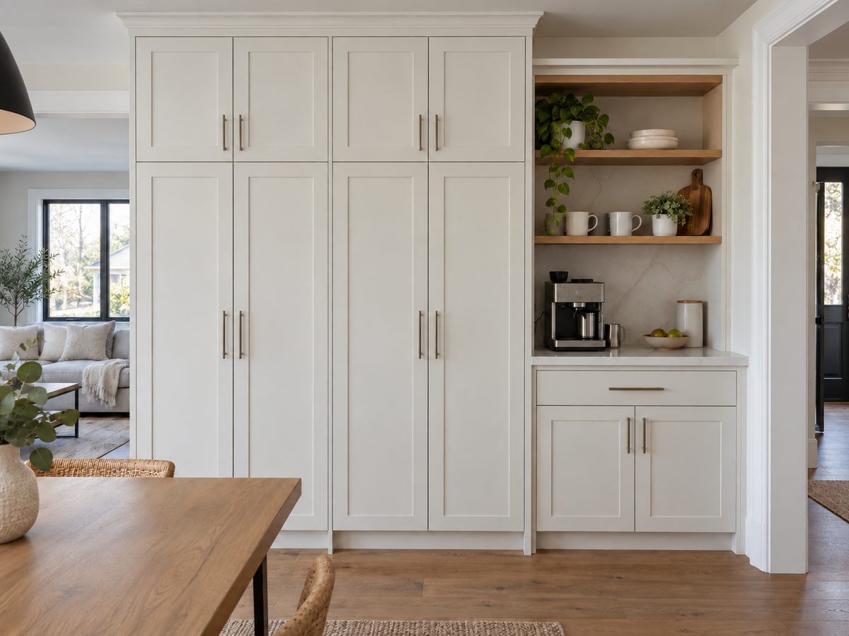 Soft white floor-to-ceiling pantry cabinets beside an oak-shelved coffee station